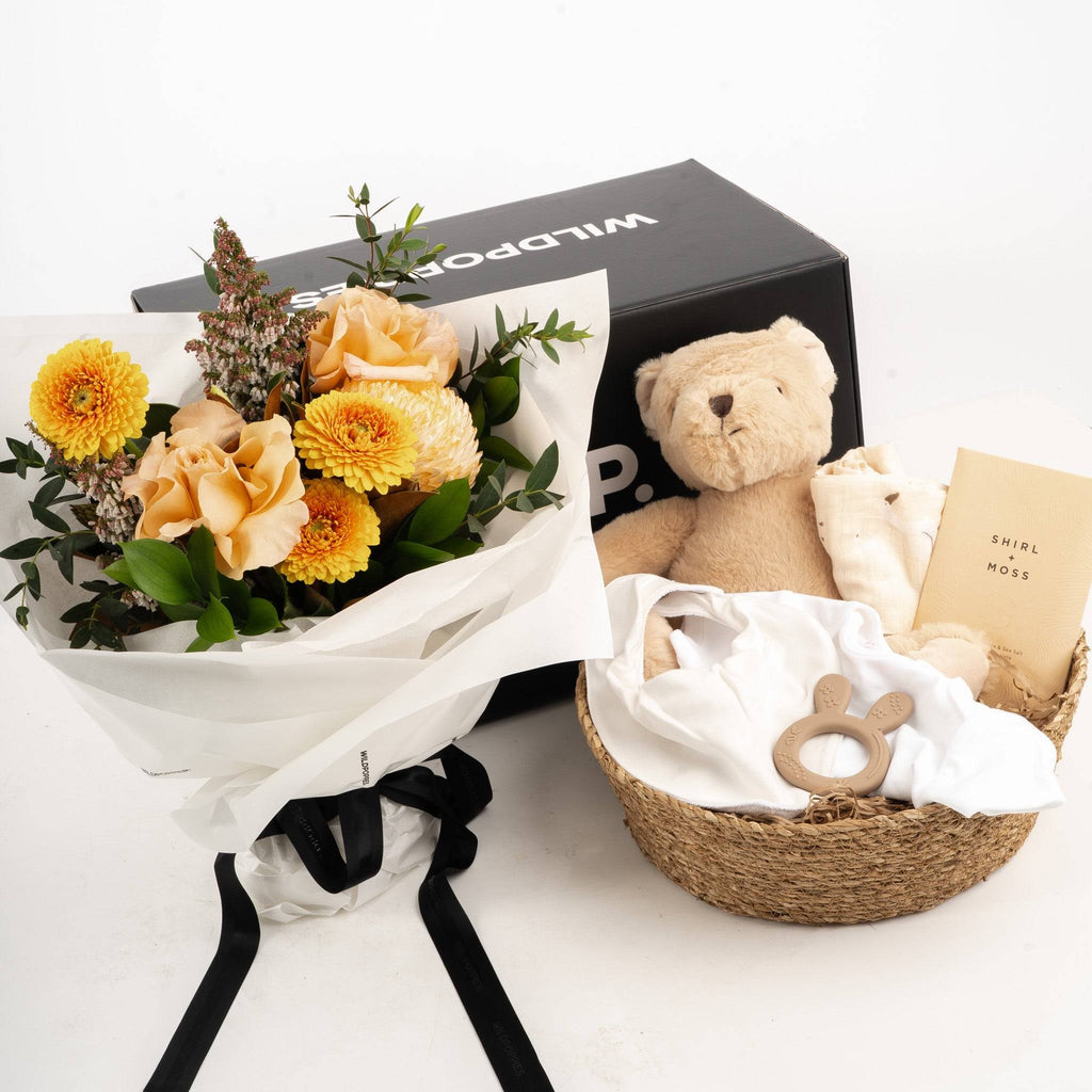 Baby Bear & Flower Gift Basket - Wild Poppies -  Flower - Same Day Flower Delivery Auckland - Auckland Flower Delivery \ Florists - boutique gift boxes 