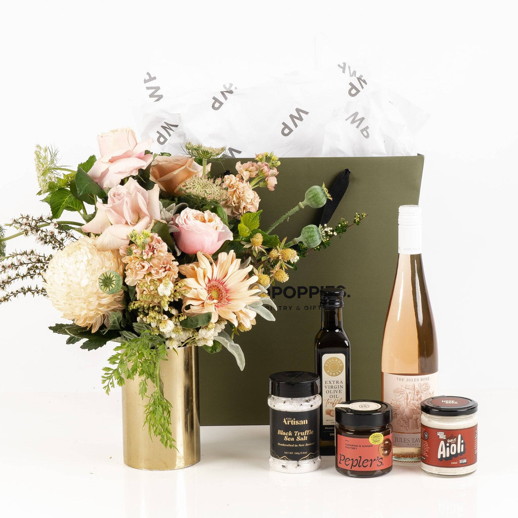 Blush Pink Bouquet & Gourmet Gift Set with Rosé Wine - Wild Poppies -  Flower - Same Day Flower Delivery Auckland - Auckland Flower Delivery \ Florists - boutique gift boxes
