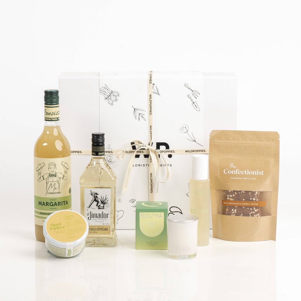 Tropical Tipple Luxe Box - Tropical Cocktail Gift featuring margarita mix, El Jimador tequila, chocolates, candle, and skincare treats.