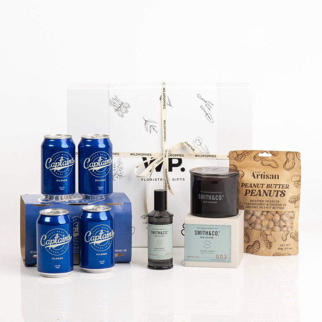 Gift Box for Kiwi Blokes - Ultimate NZ Treat featuring Captain's pilsner beers, Smith & Co. candle and diffuser, and Artisan peanut butter peanuts.