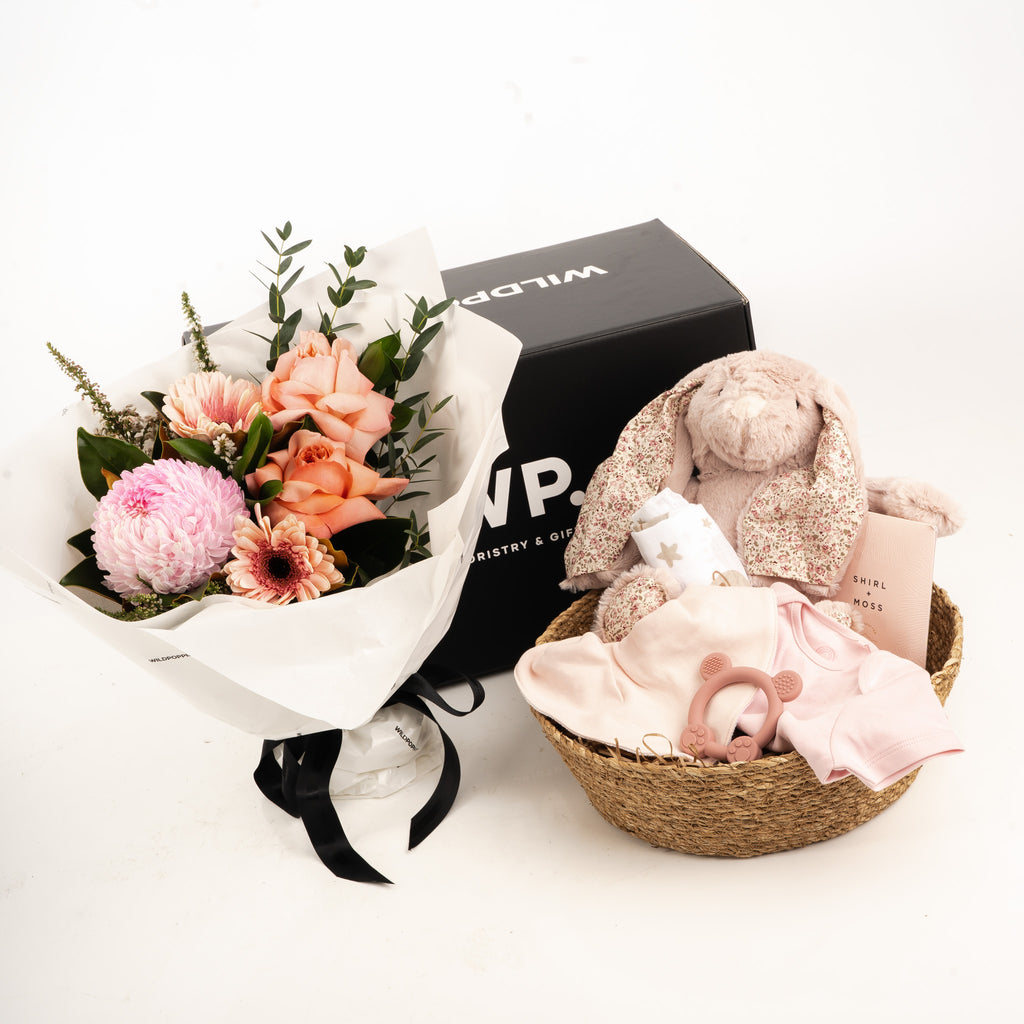 Pink Bunny & Flower Gift Basket - - Wild Poppies -  Flower - Same Day Flower Delivery Auckland - Auckland Flower Delivery \ Florists - boutique gift boxes
