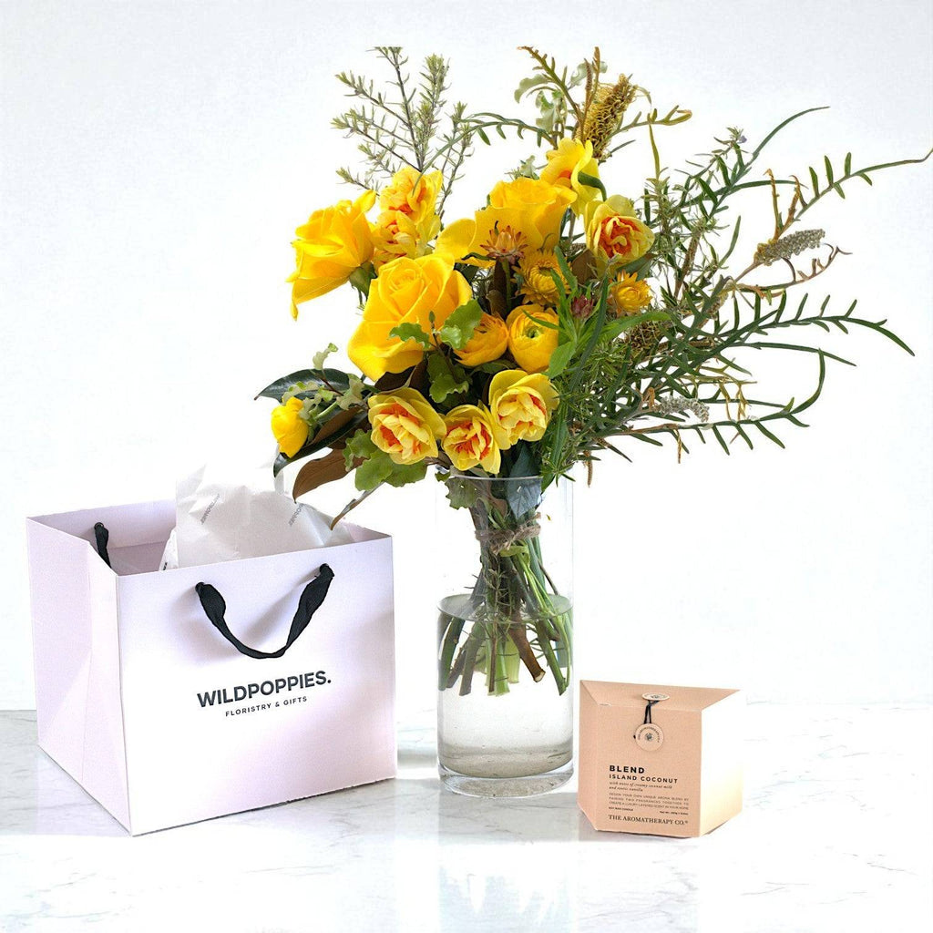 Sunny Yellow Rose & Candle Gift Set - Wild Poppies -  Flower - Same Day Flower Delivery Auckland - Auckland Flower Delivery \ Florists - boutique gift boxes