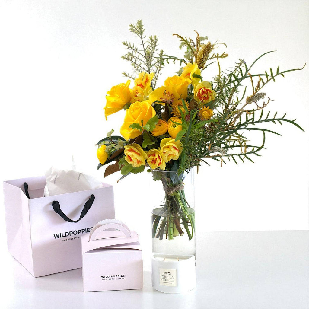 Sunny Yellow Rose & Candle Gift Set - Wild Poppies -  Flower - Same Day Flower Delivery Auckland - Auckland Flower Delivery \ Florists - boutique gift boxes