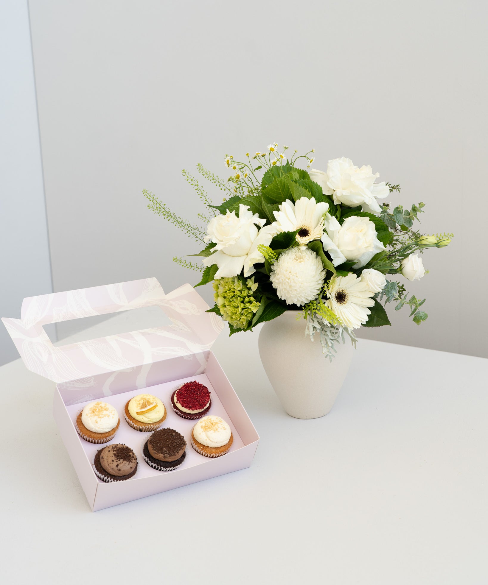 White and Greens with Gourmet Cupcakes - Wild Poppies -  Flower - Same Day Flower Delivery Auckland - Auckland Flower Delivery - Florists - boutique gift boxes