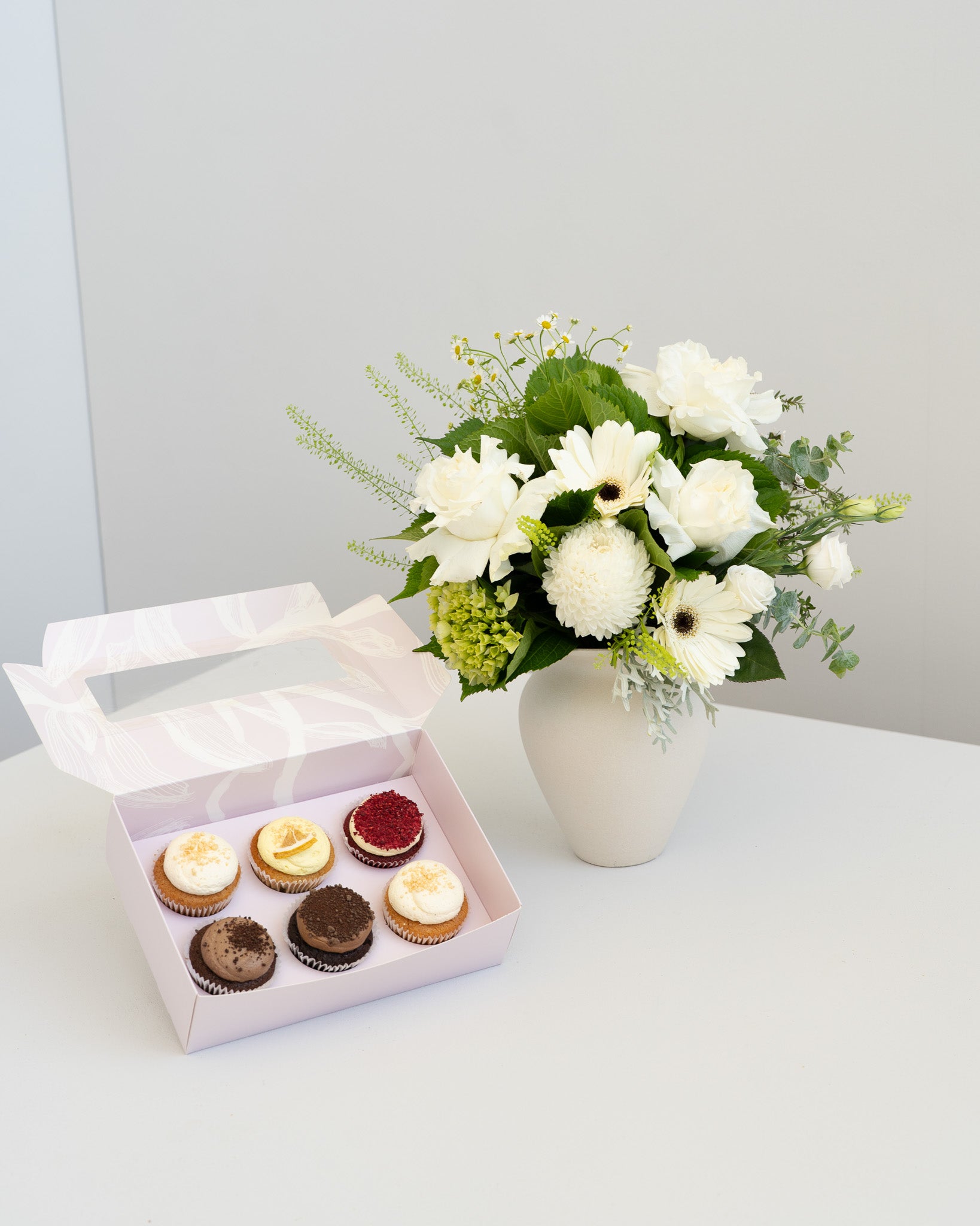 White and Greens with Gourmet Cupcakes - Wild Poppies -  Flower - Same Day Flower Delivery Auckland - Auckland Flower Delivery - Florists - boutique gift boxes