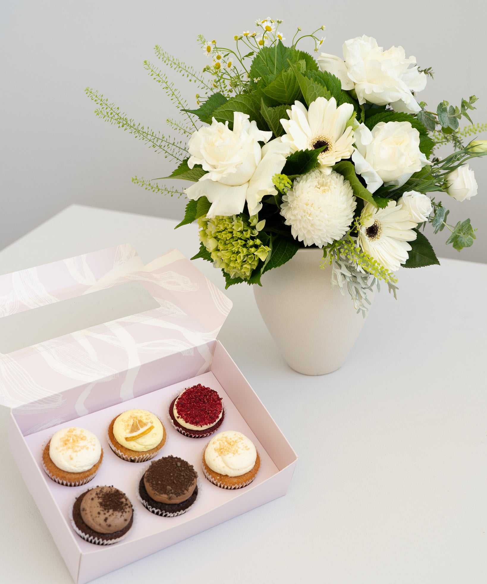 White and Greens with Gourmet Cupcakes - Wild Poppies -  Flower - Same Day Flower Delivery Auckland - Auckland Flower Delivery - Florists - boutique gift boxes