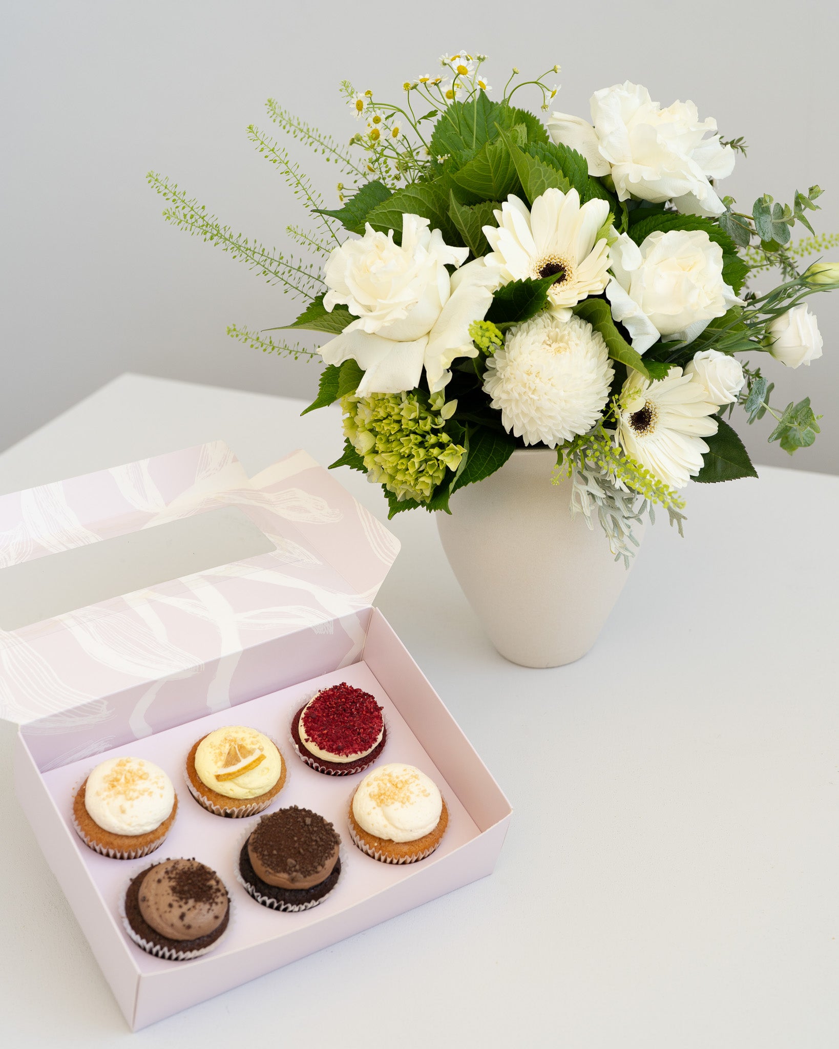 White and Greens with Gourmet Cupcakes - Wild Poppies -  Flower - Same Day Flower Delivery Auckland - Auckland Flower Delivery - Florists - boutique gift boxes