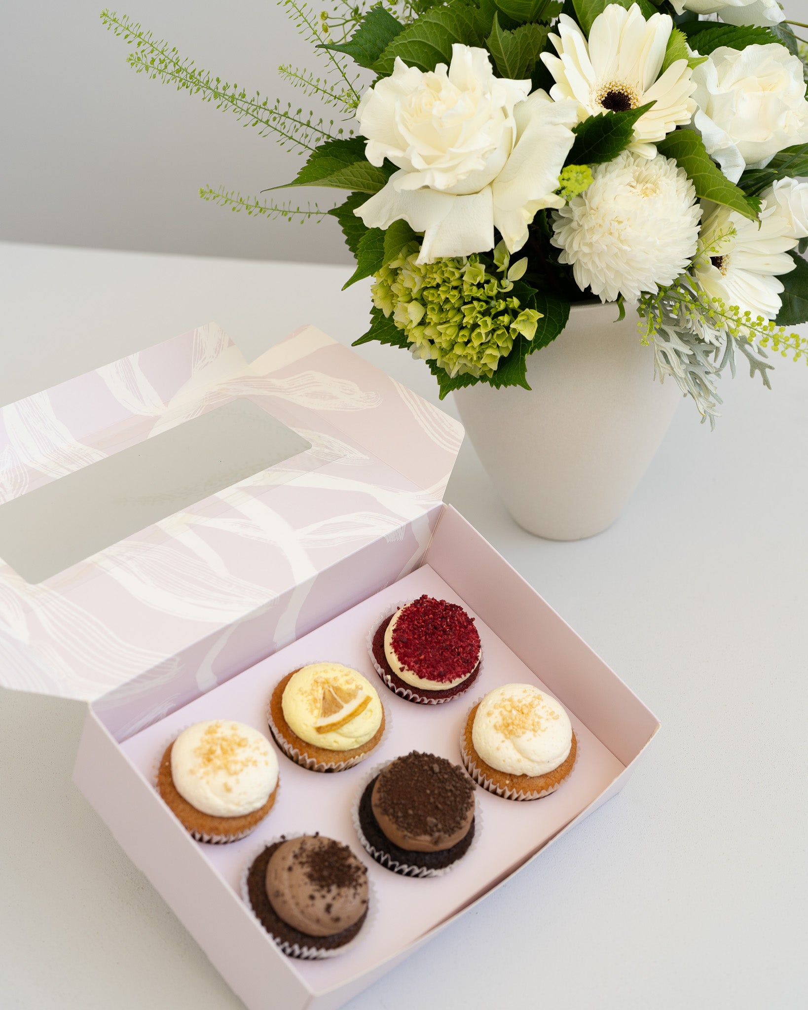 White and Greens with Gourmet Cupcakes - Wild Poppies -  Flower - Same Day Flower Delivery Auckland - Auckland Flower Delivery - Florists - boutique gift boxes