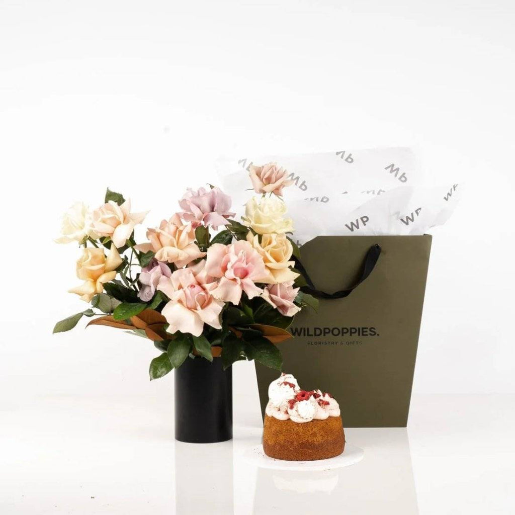 Soft Rose & Cake Combo Deal - Wild Poppies -  Gift - Same Day Flower Delivery Auckland - Auckland Flower Delivery \ Florists - boutique gift boxes 