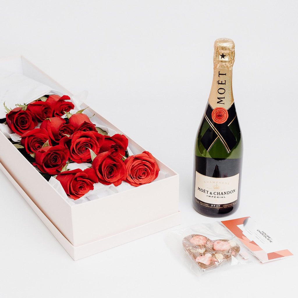 Boxed Red Roses, Moet Champagne and Chocolate Heart - Premium Flower from Moet - Just $349! Shop now at Wild Poppies